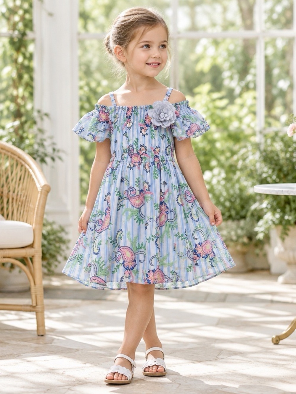 Janie and Jack Girls Blue Floral Dress Size 4 Cotton Lined Pastel Spring